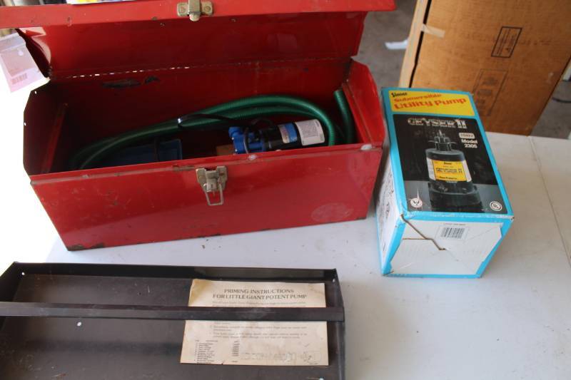 lot 196 image: Lot of (2) Little Giant Pump with Tool Box, Simer Submersible Utility Pump Geyser II
