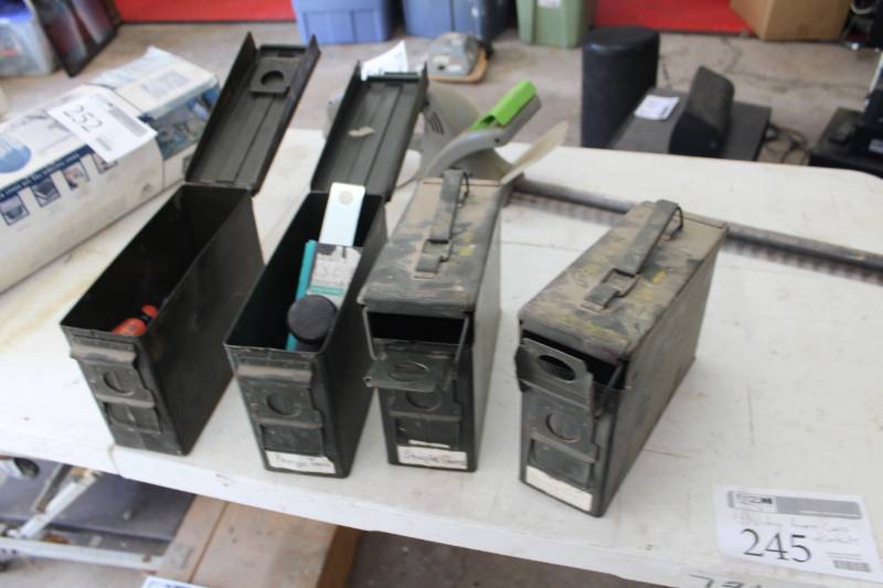 lot 245 image: Lot of (4) Vintage Metal Ammo Cases, Screwdrivers, Tapping Block, And More