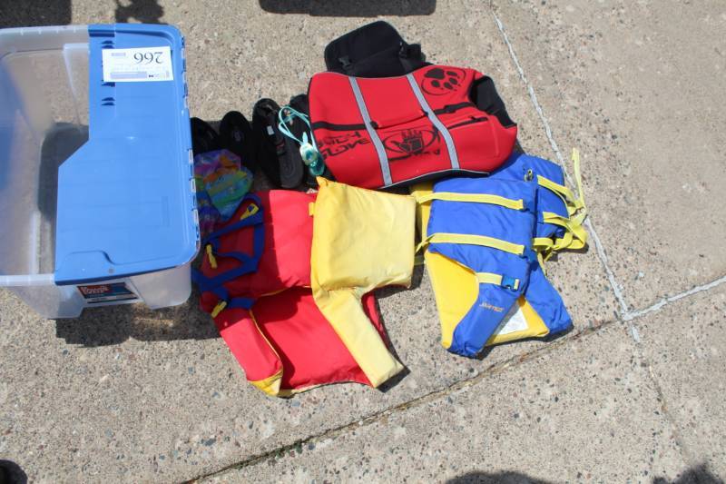 lot 266 image: Lot of (2) Adult Oversize Life Jackets, XL Pet Life Jacket, Water Shoes