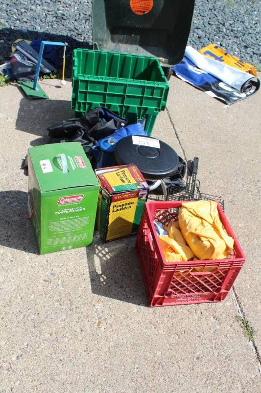 lot 253 image: Camping Gear, Plastic Storage Tub, Small Gas Grill, Grill Racks, Pie Iron Cooker, Propane Lantern, Coleman Coffee Maker