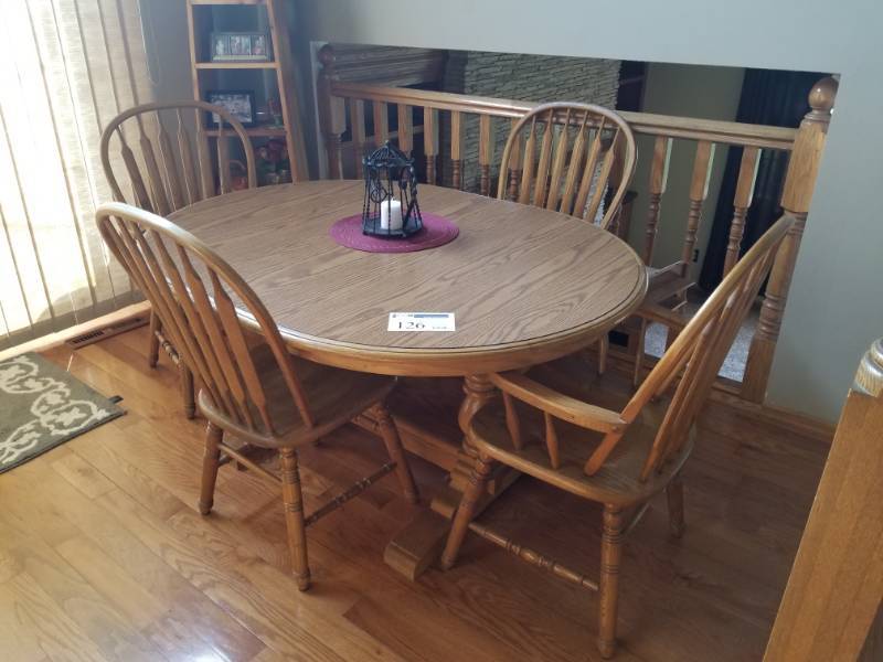 lot 126 image: Wood Dining Table with 6-Wood Dining Chairs, 2-Leafs