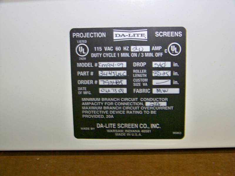 lot 13 image: Da-Lite, Powered (Electric), Projection  Movie Screen
