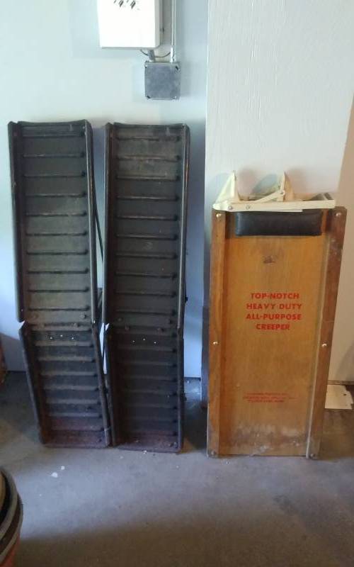 lot 12 image: Mechanic Creeper, Pair Of Metal Car Ramps