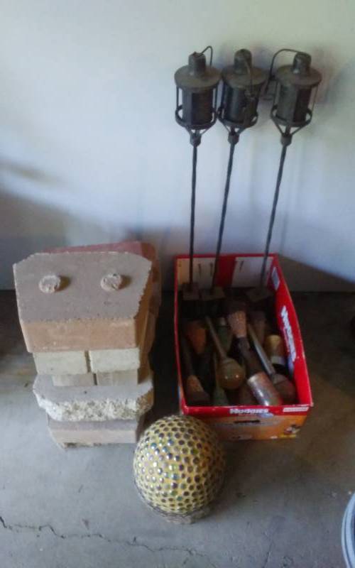 lot 14 image: Solar Lights, Lanterns, Concrete Gazing Ball, Assorted Stepping Stones & Blocks