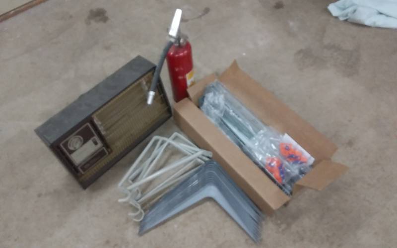 lot 26 image: Assorted Closet & Shelf Brackets, Drawer Slides, Electric Heater, Fire Extinguisher
