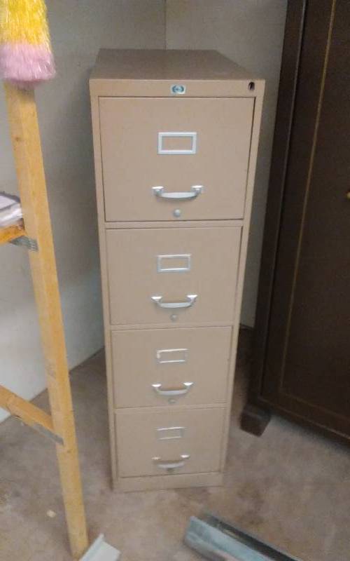 lot 42 image: 4-Drawer File 15x26x52, Clip Boards, Yard Sticks, Computer Cables