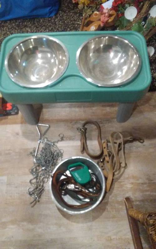 lot 64 image: Large Dog Feeding Stand, Leashes, Chain, Related