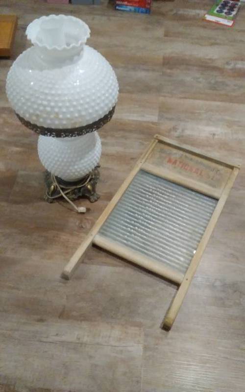 lot 68 image: Milk Glass Hobnail Hurricane Lamp, Glass Washboard