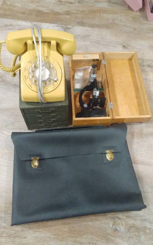 lot 69 image: Rotary Phone, Small Metal Organizer, Microscope, Brief Case