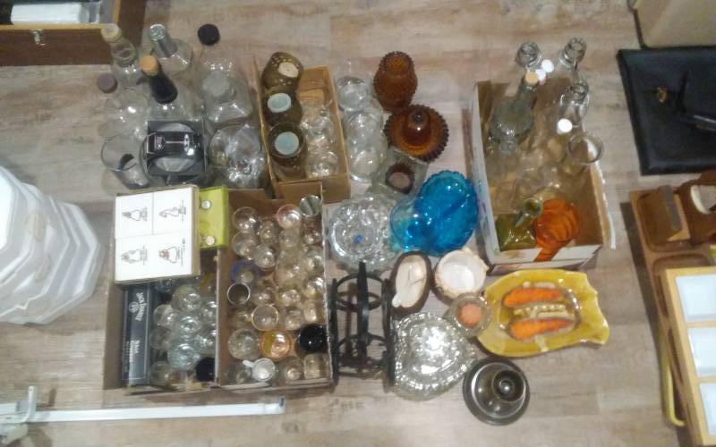 lot 74 image: Lg Lot Of Bar Wares Decanters, Colored Glassware, Coasters, Shot Glasses, Wine Charms, More