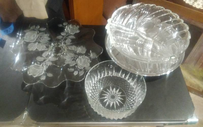 lot 88 image: Pretty Glass Cake Plate, Crystal Bowls, Stainless Steel Lazy Susan
