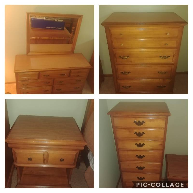 lot 4 image: 5-Piece Bedroom Furniture Dresser With Mirror, High Boy Chest, Lingerie Chest, Night Stand