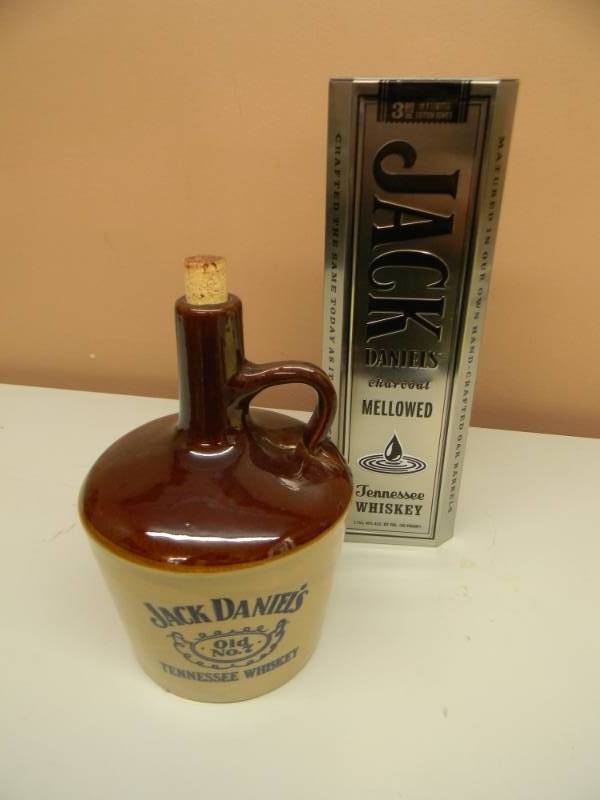 lot 9 image: Vintage Jack Daniels Old No.7 Stoneware Whiskey Distillery Tennessee 9 Jug 1866 - WITH COLLECTIBLE JACK DANIELS TIN - NICE - SEE PICTURES