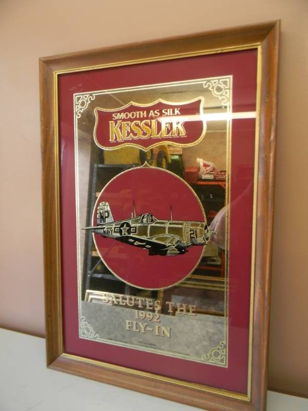 lot 15 image: RARE - KESSLER SMOOTH AS SILK SALUTES THE 1992 FLY IN BAR SIGN  MIRROR - RARE NICE - APPROX 19 BY 27 - SEE PICTURES