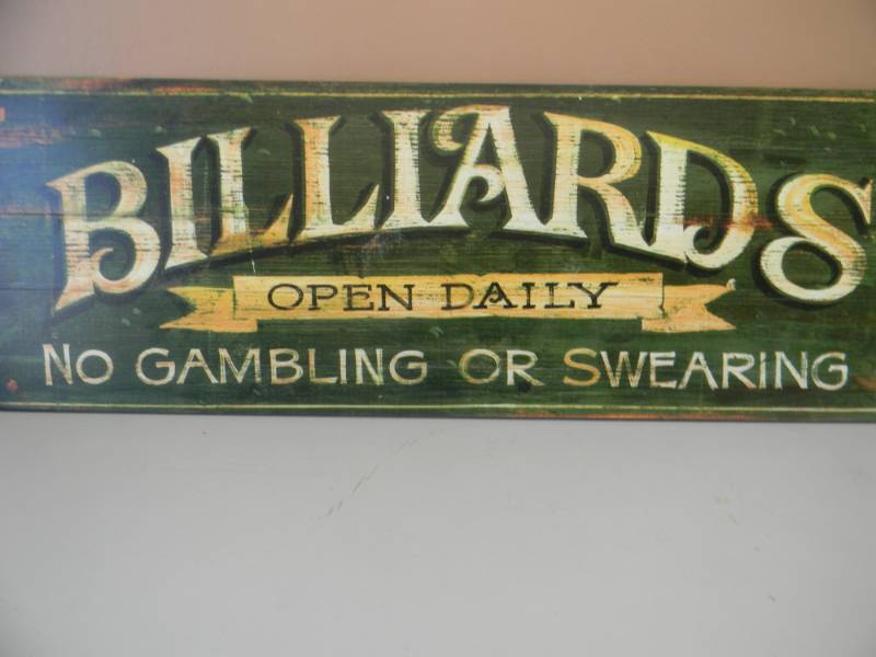 lot 36 image: LARGE VINTAGE WOOD BILLIARDS MAN CAVE SIGN - APPROX 40 BY 14 - SEE PICTURES