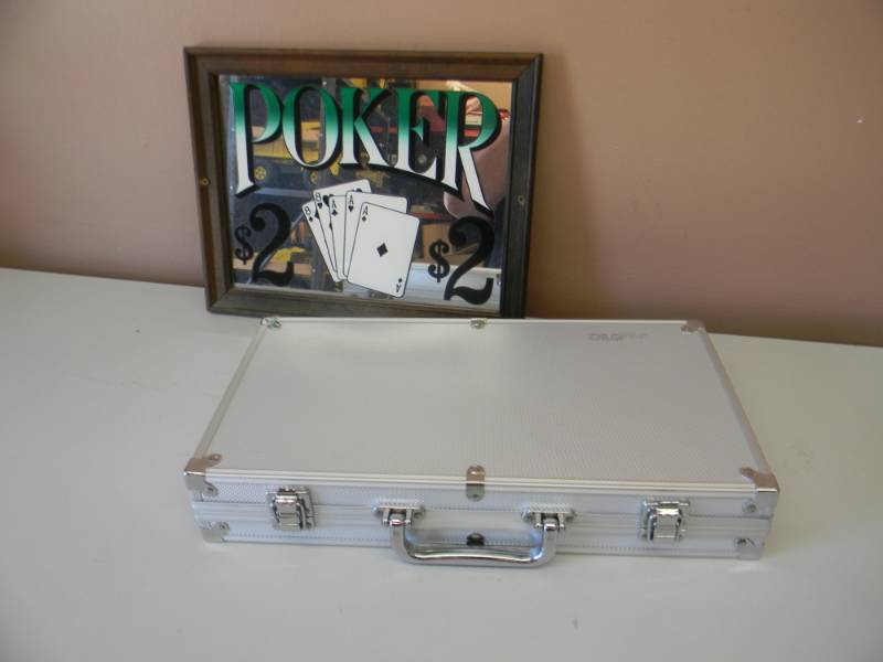 lot 37 image: Cardinal Texas Holdem Poker Chips in Aluminium Case, 300 11 gram Chips  cards - STILL IN WRAPPER NICE - WITH VINTAGE POKER BAR SIGN - SEE PICTURES