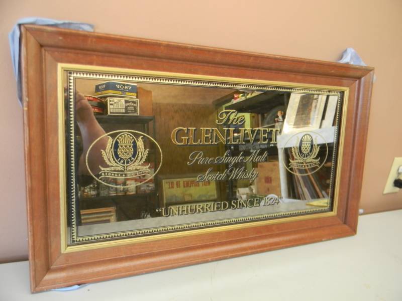 lot 43 image: THE GLENLIVET PURE SINGLE MALT SCOTCH WHISKY UNHURRIED SINCE 1824 BAR SIGN  MIRROR - VERY NICE - APPROX 28 BY 16 - NOS - SEE PICTURES