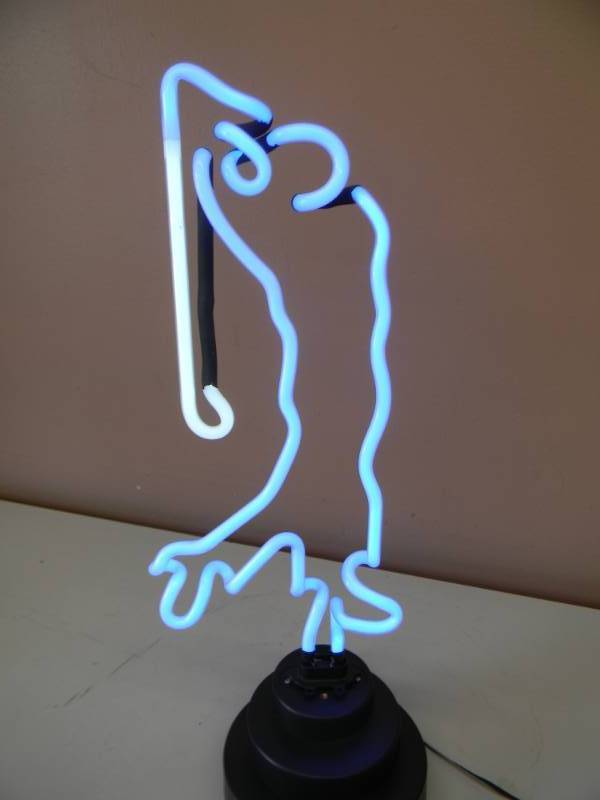 lot 48 image: VINTAGE NEON LIGHTS - GOLFER GUY WITH CAT- BOTH WORK - APPROX 16 BY 11 - SEE PICTURES