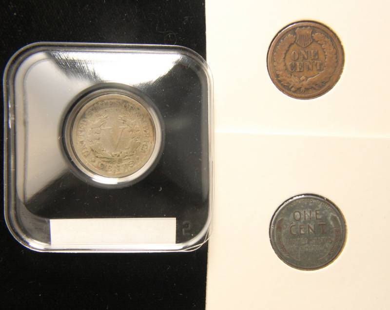 lot 06 image: 3 COINS 1911 V NICKEL 1893 INDIAN HEAD 1943-D WAR CENT