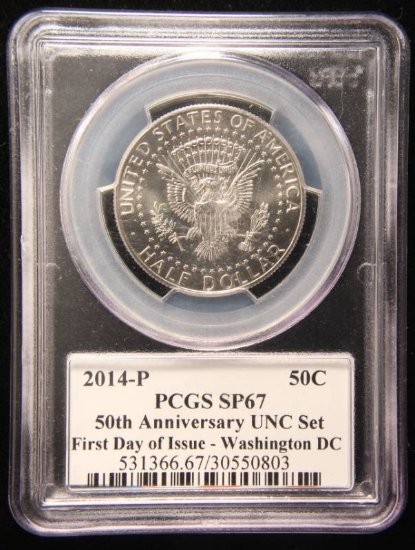 lot 09 image: 2014-P KENNEDY HALF 50TH ANNIVERSARY SET FIRST DAY SP67 PCGS