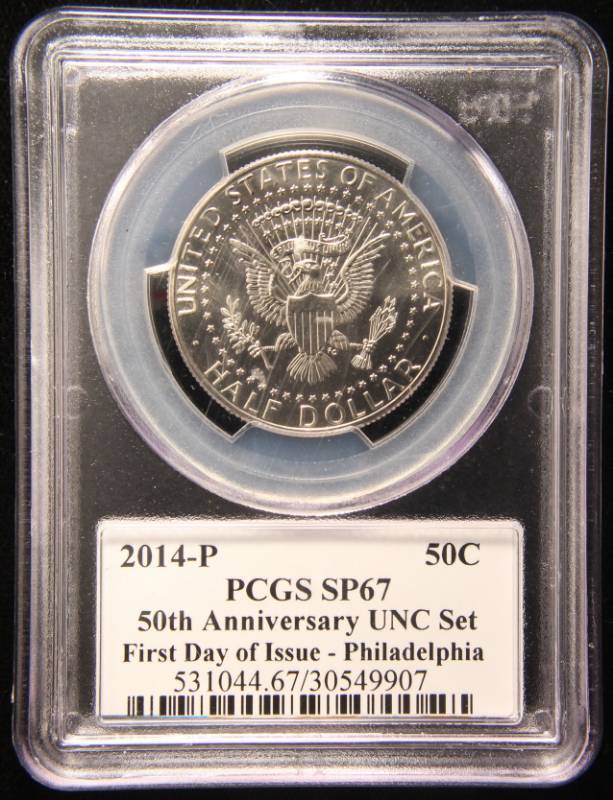 lot 14 image: 2014-P KENNEDY HALF 50TH ANNIVERSARY SET FIRST DAY SP67 PCGS