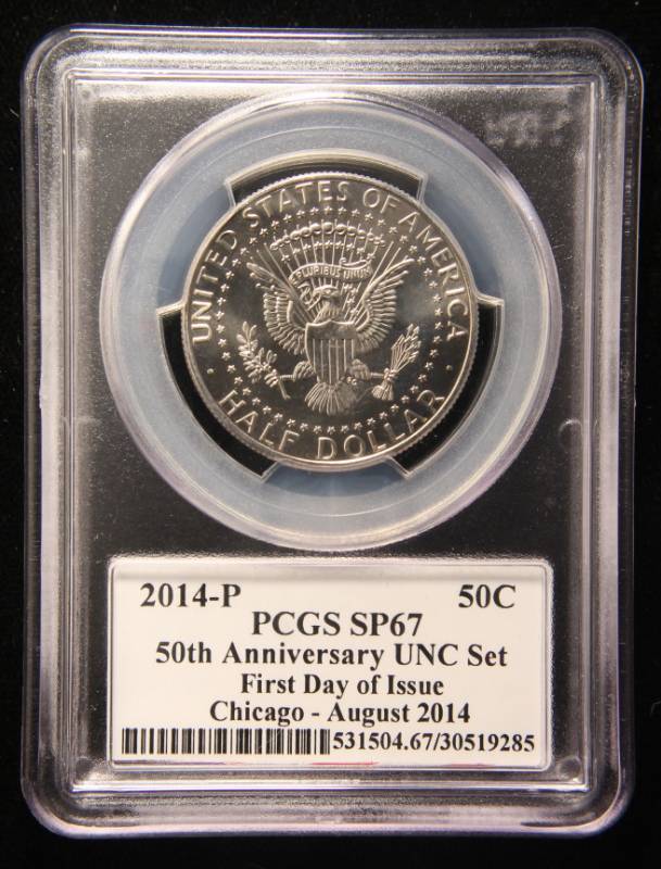 lot 16 image: 2014-P KENNEDY HALF 50TH ANNIVERSARY SET FIRST DAY SP67 PCGS