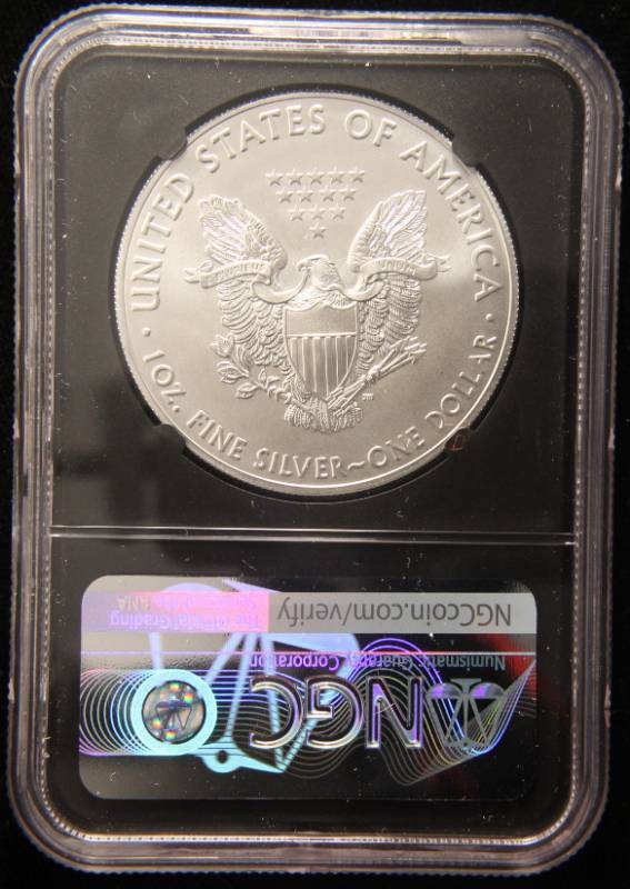 lot 27 image: 2019 AMERICAN SILVER EAGLE MS70 FIRST DAY OF ISSUE NGC BLACK MERCANTI SIGNED