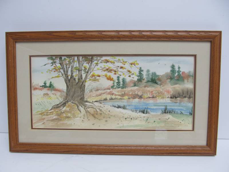 lot 9 image: Small Vintage Framed Signed Riverbank Scene Original Watercolor Painting