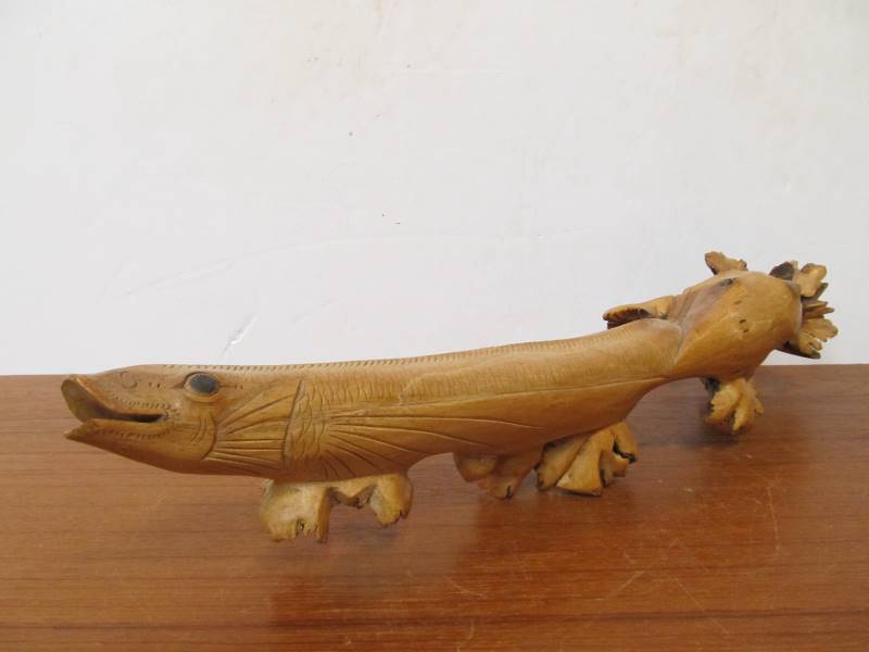 lot 52 image: Vintage Hand Carved Wooden Chinese Fish Sculpture