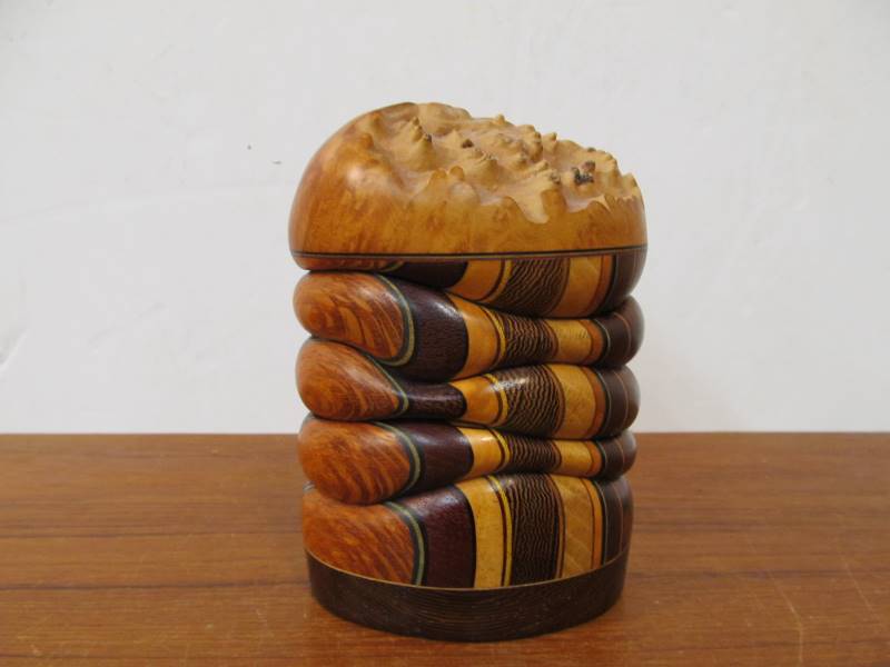 lot 53 image: Sculptural Carved Wooden Layered Jar