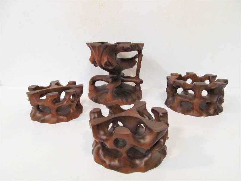 lot 66 image: Group of 4 Sculptural Wood Pedestal Stands