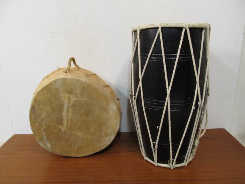 lot 68 image: 2 Vintage Hand Drums wAnimal Hide