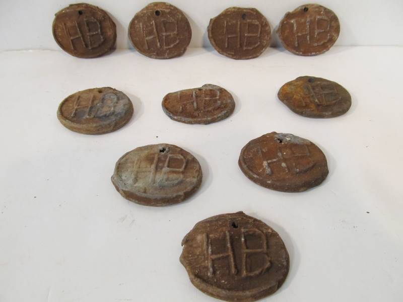 lot 73 image: 10 Original Antique Stamped Lead HUDSON BAY Fur Trap Line Tags