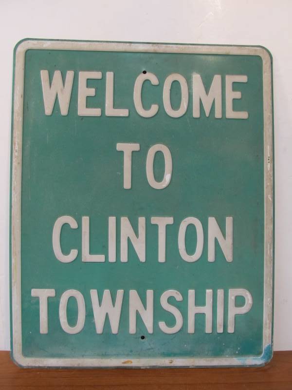 lot 80 image: Large Original Vintage Heavy Embossed Steel CLINTON TOWNSHIP Welcome Sign