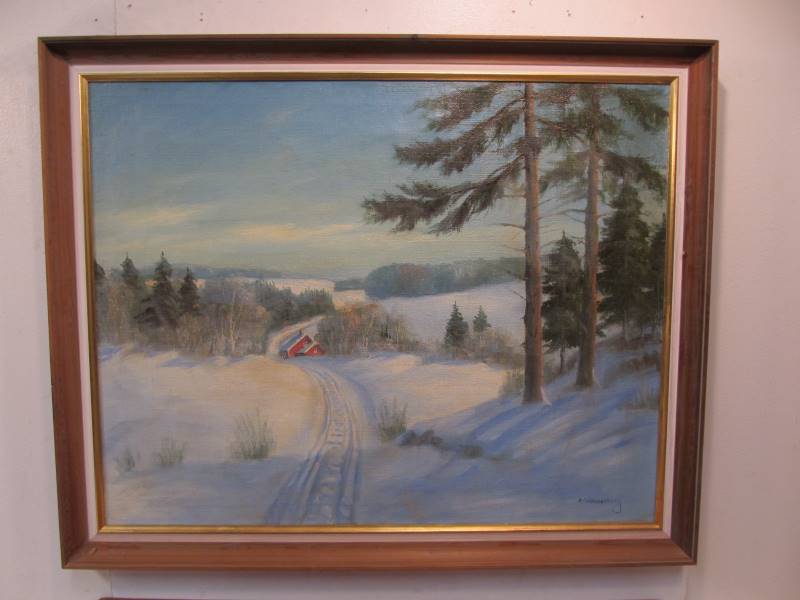 lot 118 image: Vintage Framed 1940s-50s Signed Oil on Canvas Rural Country Winter Scene Painting