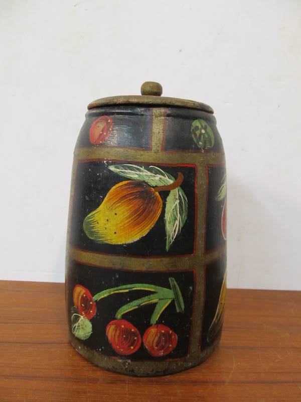 lot 123 image: Early Antique Wooden Tobacco Jar wPainted Fruit