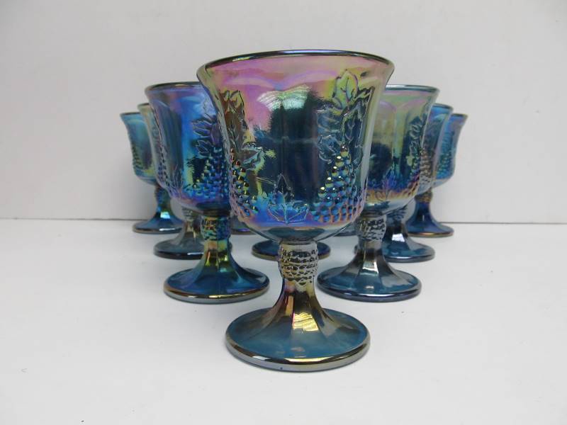 lot 98 image: Matching Set of 10 Vintage Blue Carnival Glass Goblets