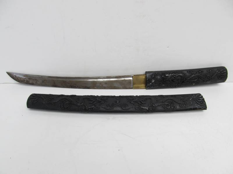 lot 131 image: Vintage Decorative Oriental Dragon Style Short Sword wWood Handle & Sheath