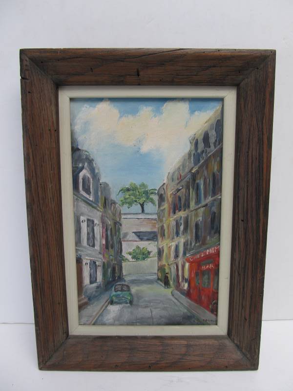 lot 133 image: Vintage Signed Mid Century Oil on Canvas Street Scene Painting