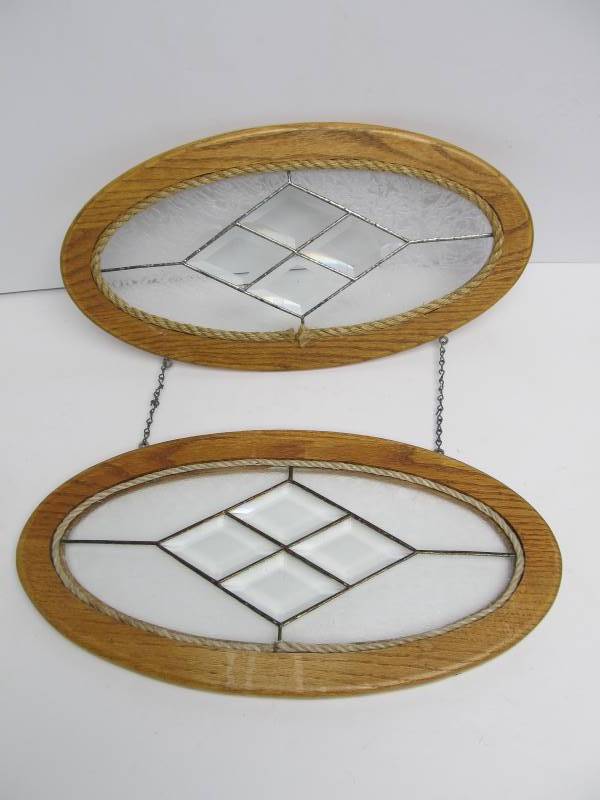 lot 151 image: Pair of Etched & Cut Oval Glass Wall Hangings