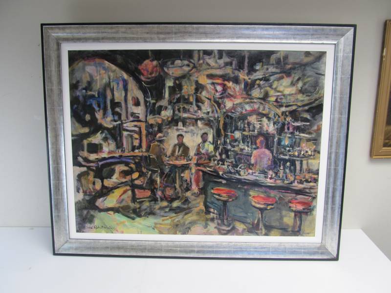 lot 152 image: Original Framed Signed JOHN ROBERT WILLER Oil on Canvas Bar Scene Painting