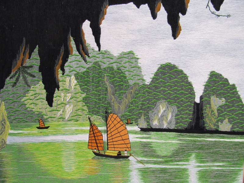 lot 153 image: Hand Woven Oriental Silk Artwork wSailboats
