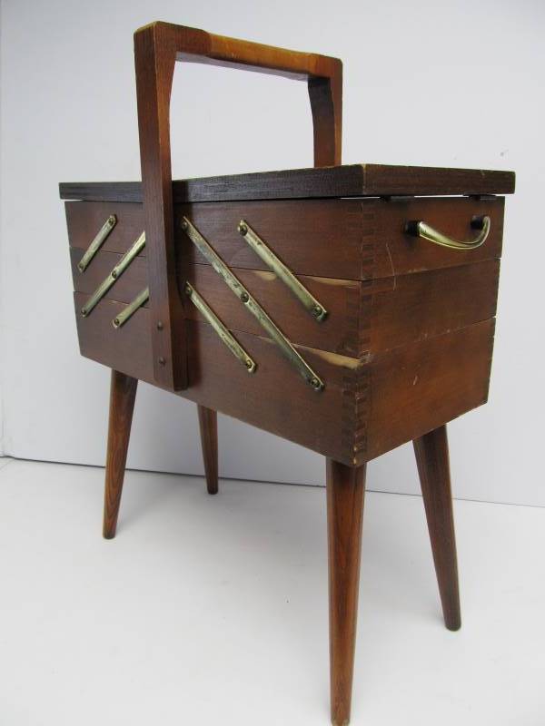 lot 159 image: Vintage Mid Century Dovetailed Fold Out Sewing Cabinet