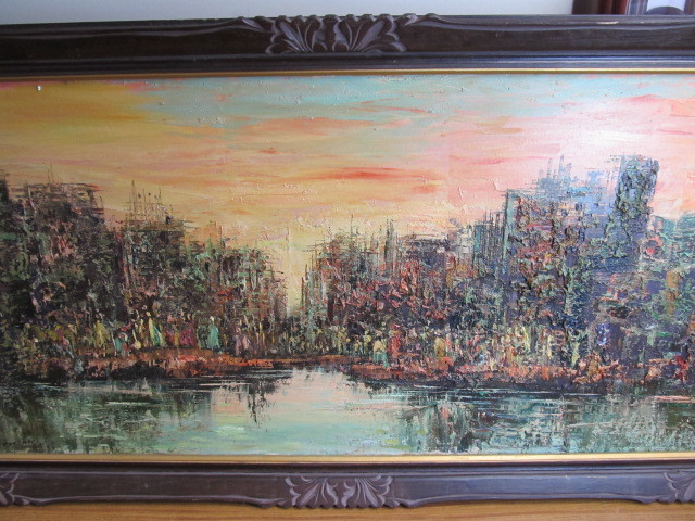 lot 5 image: LARGE Mid Century Heavily Textured ShorelineSkyline Oil on Canvas Painting