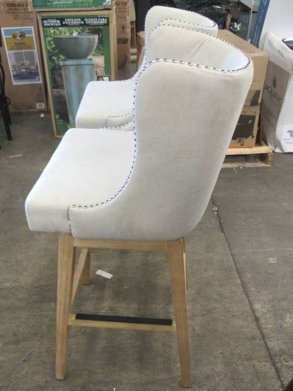 lot 66 image: Pair of Leona 24 Swivel Barstools - Fabric in Sand, 360 Degree Swivel, by Pulaski (missing bolts)
