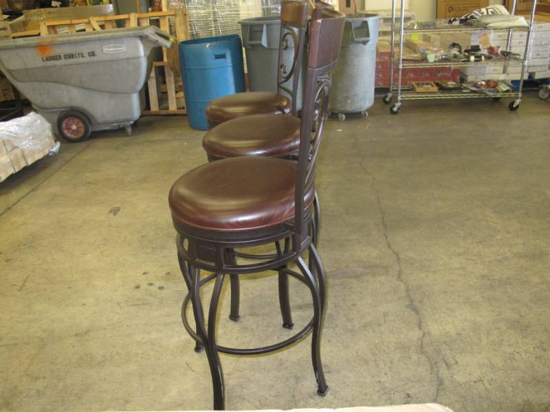 lot 33 image: 3 Pack of Matching Counter Height Bar Stools - Black Metal, Leather  Wood