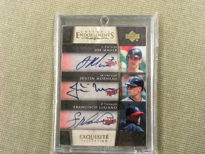 Signed Joe Mauer Justin Morneau Francisco Loriano Card 0615
