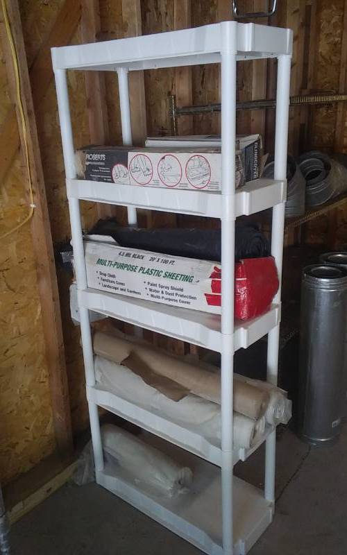 lot 17 image: Plastic Shelf Unit 30x14x74 With Contents (Rolls Of Poly & Plastic Sheeting)