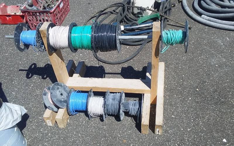 lot 24 image: Assorted Wire Spools With Rack 25x21x21