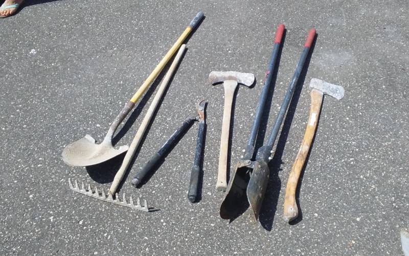 lot 99 image: Post Hole Digger, Shovel, Rake, 2-Axes, Pruner